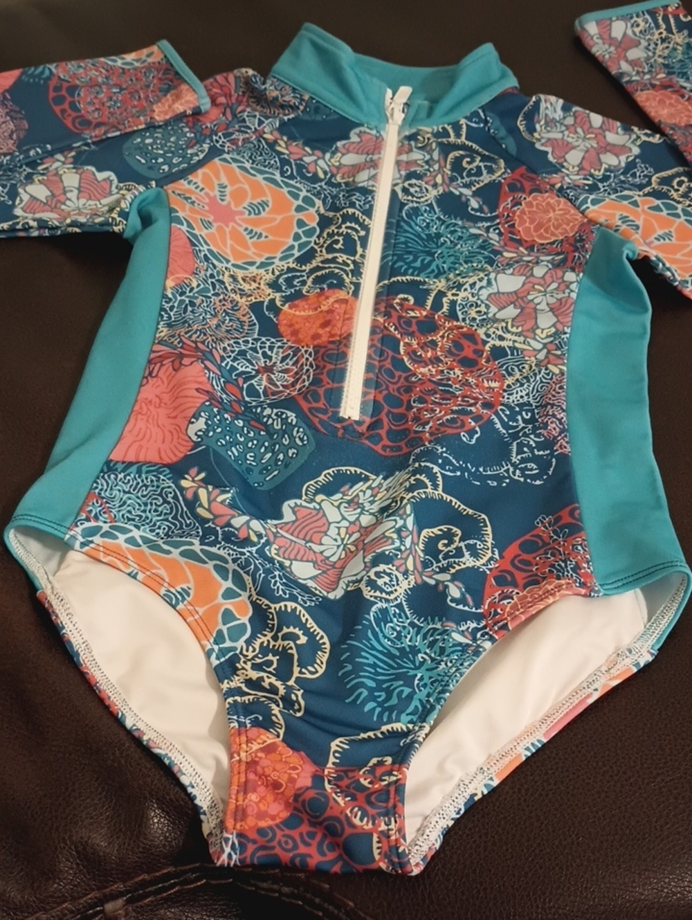 Girls Teal Coral Print Long-Sleeve Rashguard One-Piece Swimsuit Size 8